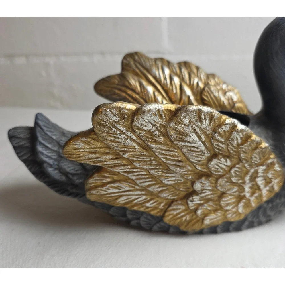 Vintage Style Charcoal Grey and Gold Swan Planter Decorative Glam